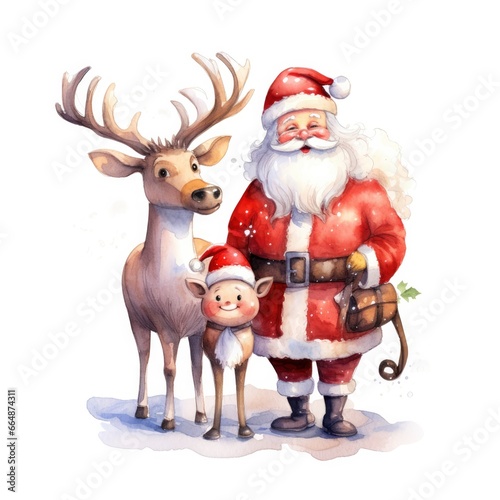 Cute Santa Claus standing with reindeer. © MdImam