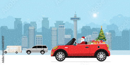 Santa Claus driving a red car and delivering gifts in the city street.