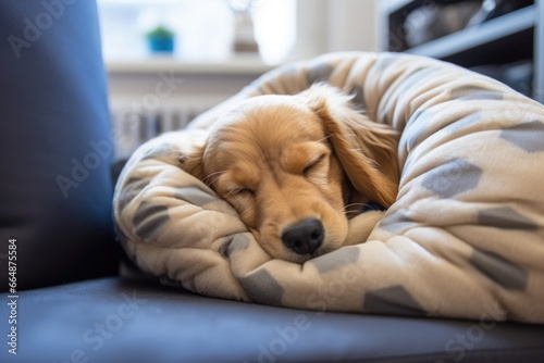a dog sleeping in its plush bed