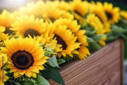 close up of a bunch of sunflowers on a wooden coffin