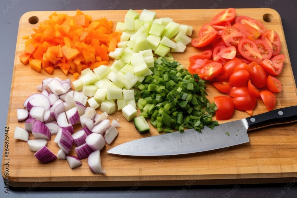 sliced vegetables and a knife on a board sliced vegetables and a knife on a board