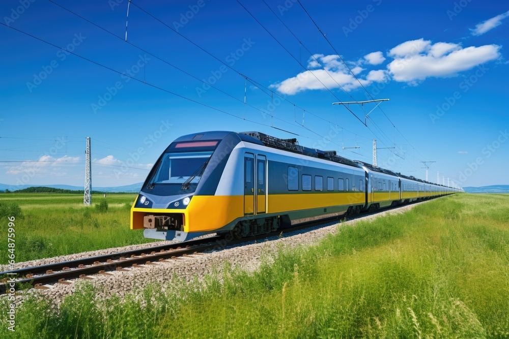 an electric train running on a track through countryside an electric train running on a track through countryside