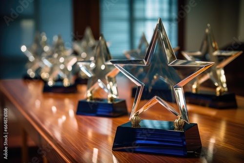 set of various corporate award trophies on a table