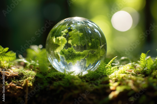 Crystal earth in green grass forest with sunlight. Environment, save the World, earth day, ecology, and Conservation Concepts..