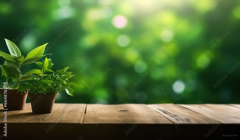 Empty brown wooden table with green bokeh blur fresh leaves background of trees. Background templates for products, Banners or product templates to display on social media. Generative AI Empty brown wooden table with green bokeh blur fresh leaves background of trees. Background templates for products, Banners or product templates to display on social media. Generative AI