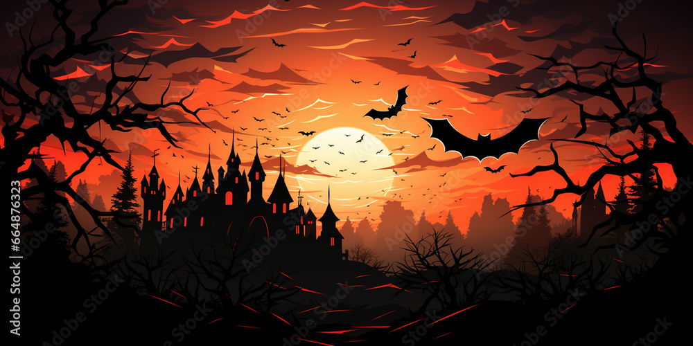 Halloween seamless panorama with halloween silhouette of apocalypse