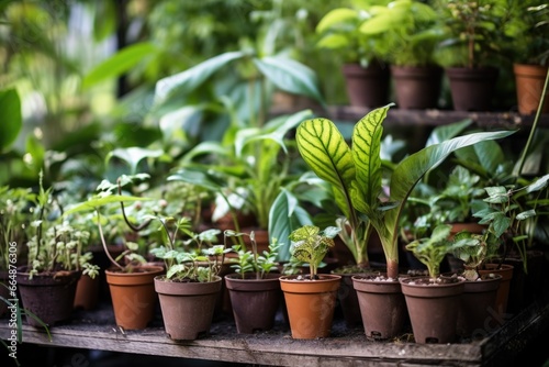 potted plants grouped around a sapling