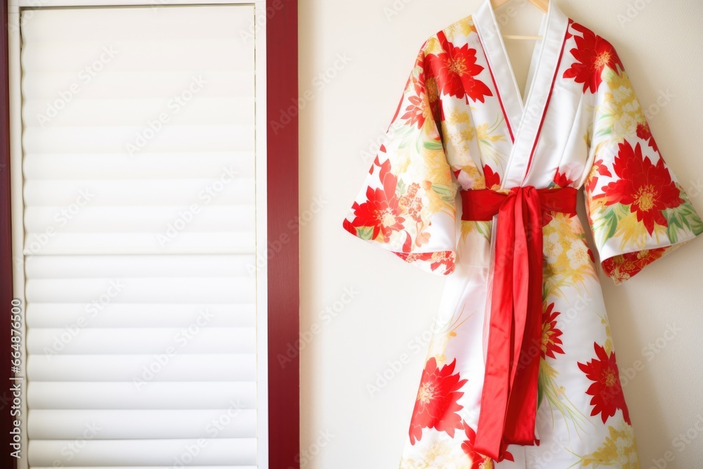 Naklejka premium a white wedding gown hanging beside a bright red kimono