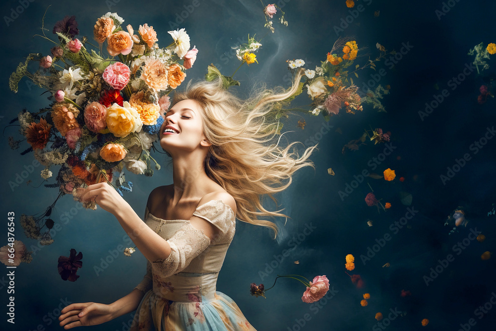 woman with flowers levitation woman with flowers levitation