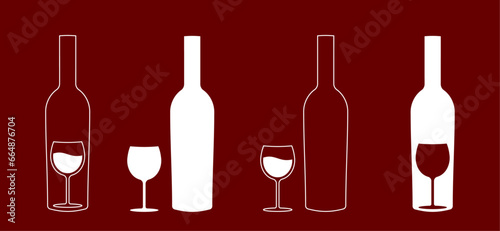 Wine bottle with wine glass icon or silhouette. Alcohol symbol. Vector illustration. 
