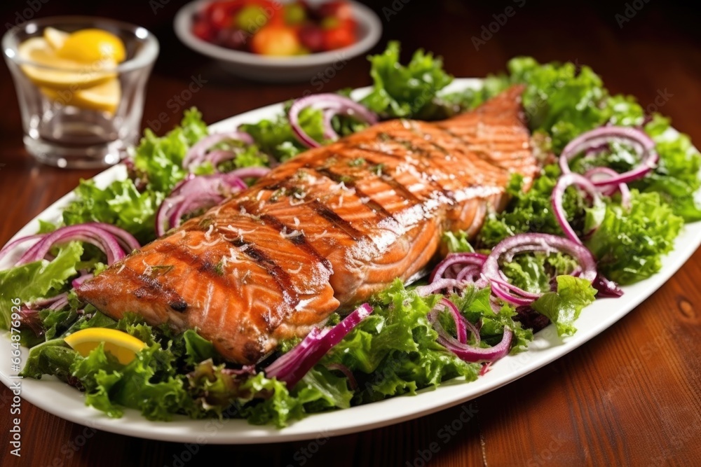 glazed salmon steak on a bed of greens glazed salmon steak on a bed of greens