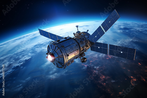 Communication satellite gracefully orbiting Earth, tirelessly connecting the world. Ai generated