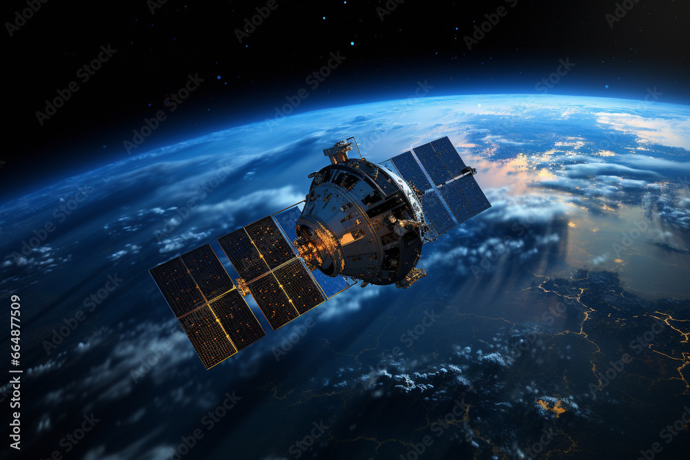 Communication satellite gracefully orbiting Earth, tirelessly connecting the world. Ai generated