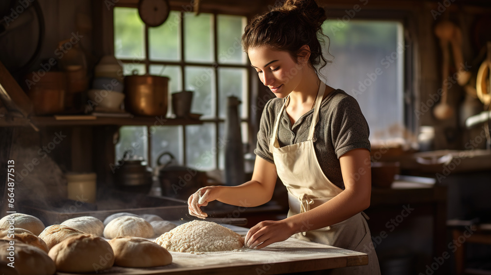 Baker Woman Kneading Dough in a Charming Countryside