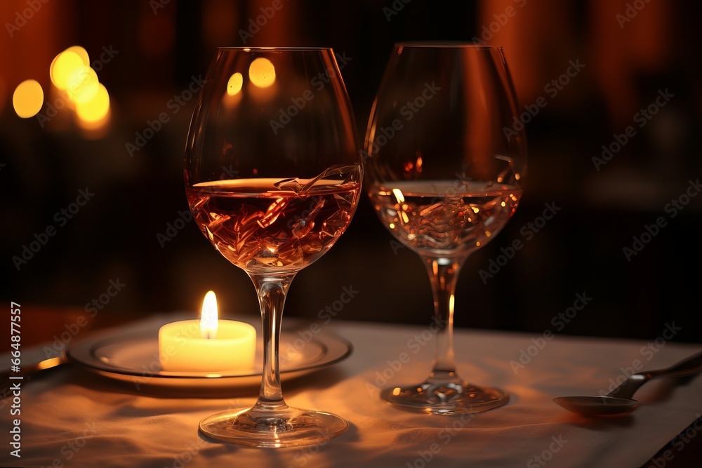Two Glasses Of Red Wine On Table With Sparkles on Background Two Glasses Of Red Wine On Table With Sparkles on Background