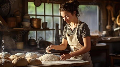 Baker Woman Kneading Dough in a Charming Countryside