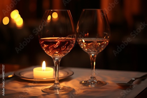 Two Glasses Of Red Wine On Table With Sparkles on Background