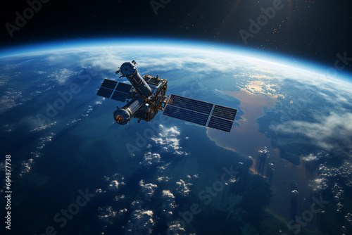 Communication satellite gracefully orbiting Earth, tirelessly connecting the world. Ai generated