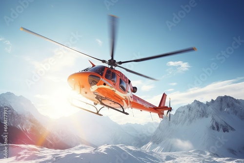 Rescue Helicopter flies over Snowy Mountains