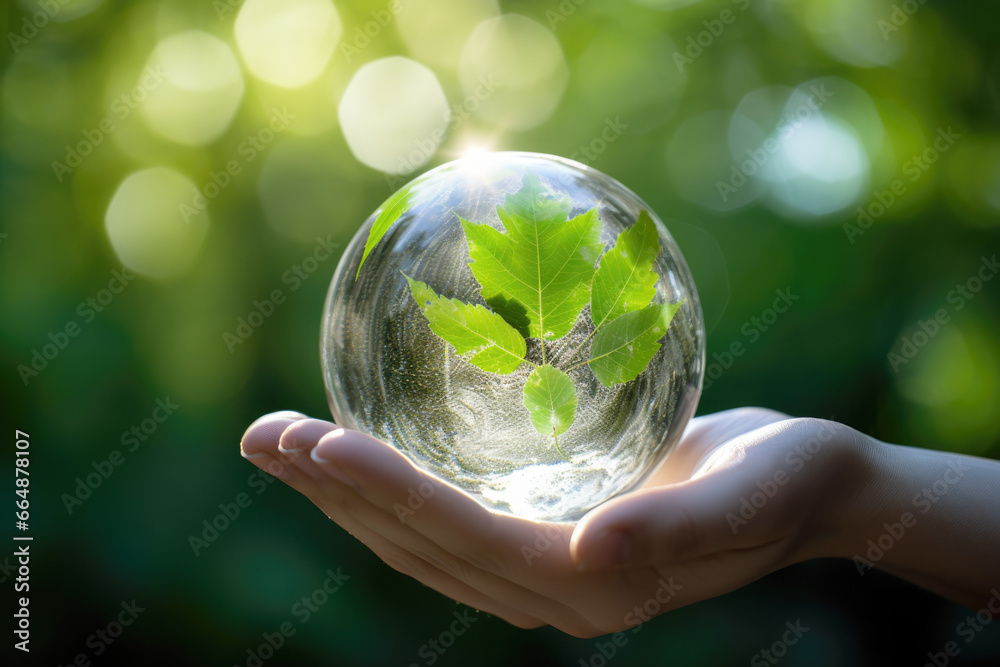 Hands holding crystal earth in green grass forest with sunlight. Environment, save the World, earth day, ecology, and Conservation Concepts.. Hands holding crystal earth in green grass forest with sunlight. Environment, save the World, earth day, ecology, and Conservation Concepts..