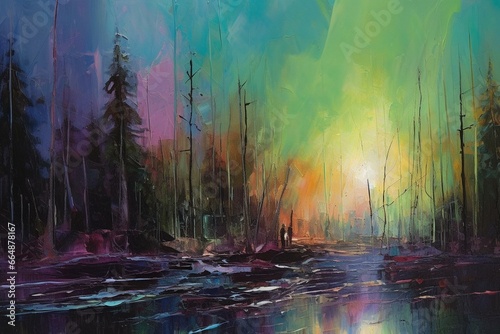 impressionist oil painting of northern lights in the forest. Generative AI