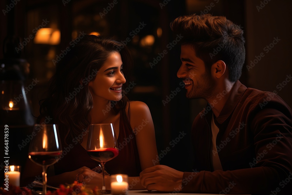 Couple On A Candle Light Dinner Table Smiling and Looking to Each Other With Glass of Wine