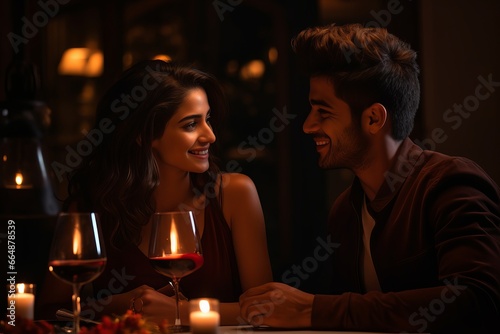 Couple On A Candle Light Dinner Table Smiling and Looking to Each Other With Glass of Wine