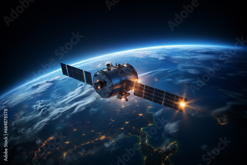 Communication satellite gracefully orbiting Earth  tirelessly connecting the world. Ai generated