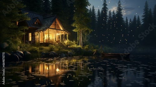 Fireflies hovering near a tranquil lakeside cabin  creating a magical atmosphere.