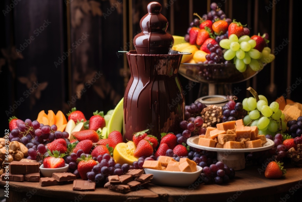 chocolate fountain surrounded by fresh fruits