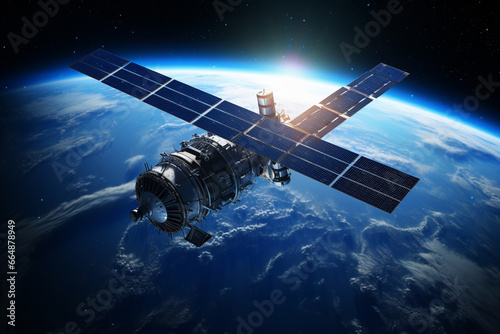 Communication satellite gracefully orbiting Earth, tirelessly connecting the world. Ai generated