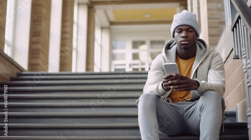 Joyful and carefree African-American man using smartphone isolated on grey, black guy spends leisure in social networks, chatting online, shopping, using new mobile app,Generative AI