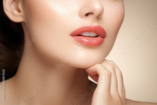 smile beautiful woman lipstick model with charming lips isolated cream background  selective focus  her hands touching lips  glowing face
