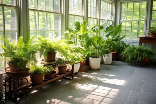 potted ferns placed around the floor of a sunlit sunroom