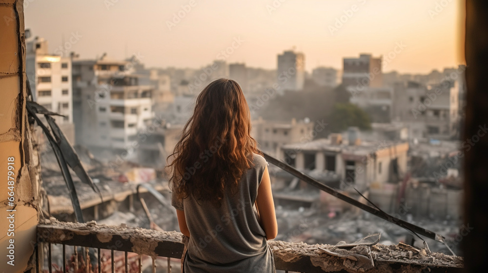 A woman watches from her home the destruction of the city due to the war. Generative AI A woman watches from her home the destruction of the city due to the war. Generative AI