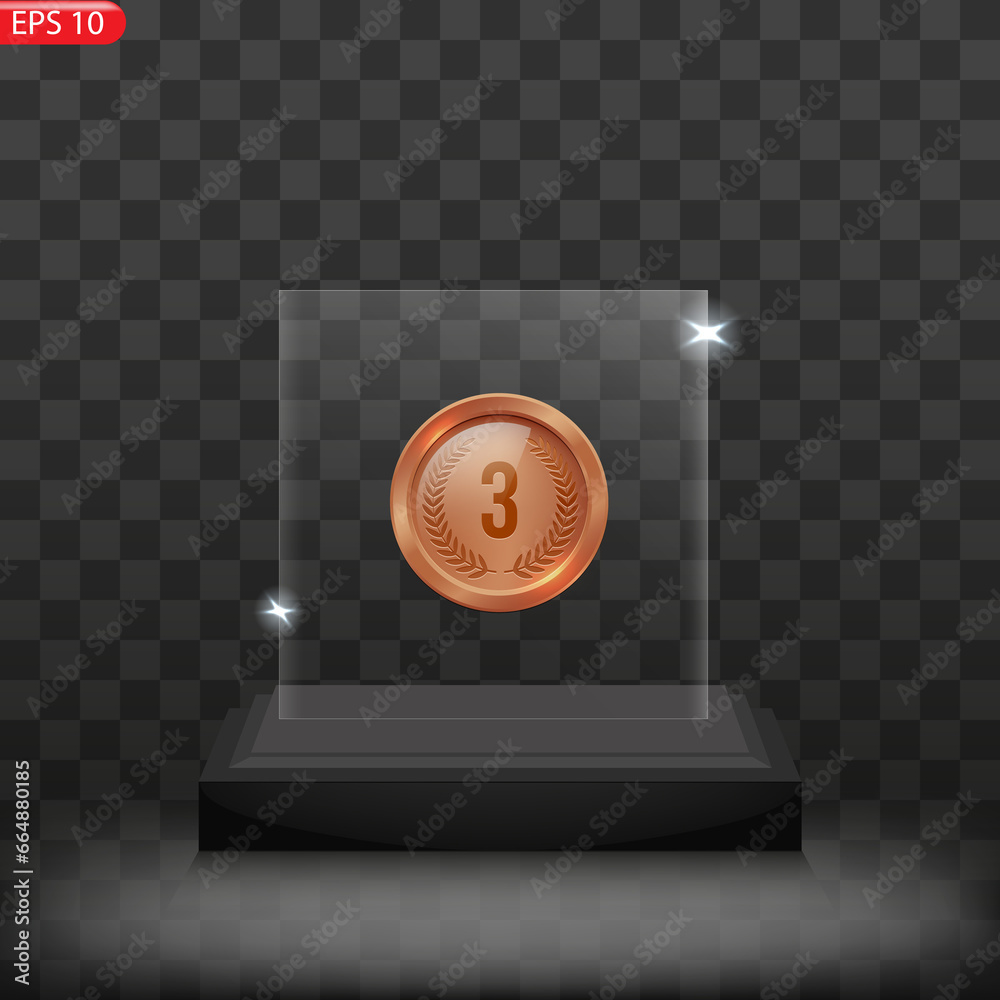 Glass trophy award. Crystal prizes with blank golden, silver and bronze medals 3D isolated clipart set on gray background. Glass trophy award. Crystal prizes with blank golden, silver and bronze medals 3D isolated clipart set on gray background.