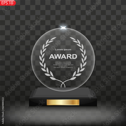Glass trophy award. Crystal prizes with blank golden, silver and bronze medals 3D isolated clipart set on gray background.