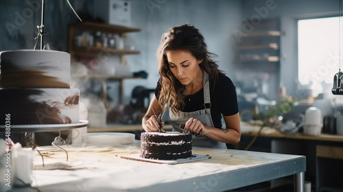 Baker Woman Creating a Masterpiece Cake in Her Modern