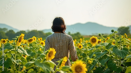 A Farmer Woman Standing Proudly In Her Blooming Sunflowers