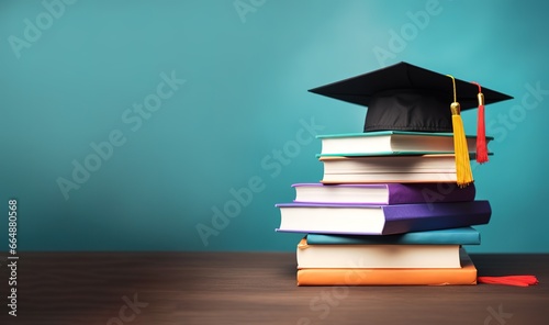 a graduation cap on a pile of books on green background. Generative AI