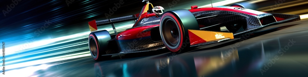 Racing car at high speed. Racer on a racing car passes the track. Motor sports competitive team racing. Motion blur background. - obrazy, fototapety, plakaty 