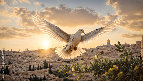 The dove and the olive branch over conflict lands photo