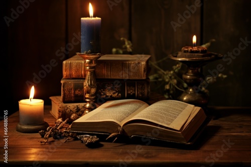 Old book and candles on wooden table in antique room. History ancient wood note. Generate AI