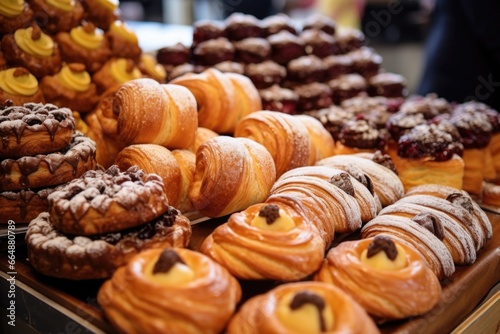 french pastries arranged in a bakery photo