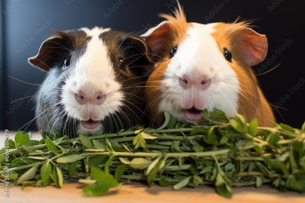 two guinea pigs eating spinach leaves in a cage two guinea pigs eating spinach leaves in a cage