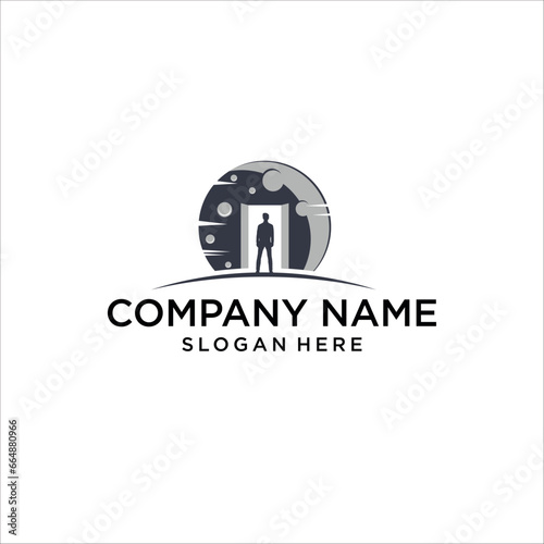silhouette logo of a man standing on the moon and opening the moon door, icon logo vector design
