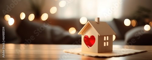 photo of a miniature house on a table side by side with a heart symbol on a blurred background