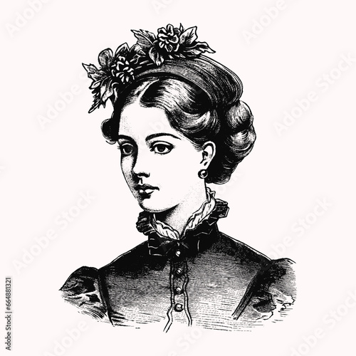 Vector portrait of a woman. Vintage Illustration in engraving style isolated on white victorian era Elegant woman in Hat	