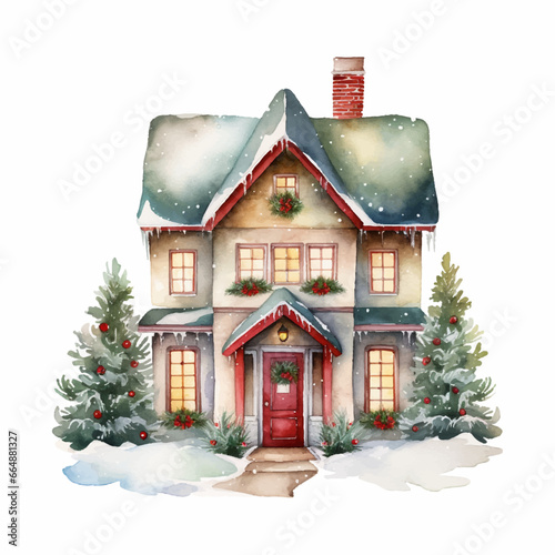 Vector watercolor winter cozy house illustrations. Hand drawn modern home with snowy fir trees isolated on white background. Woodland cabin for cards, celebration design
