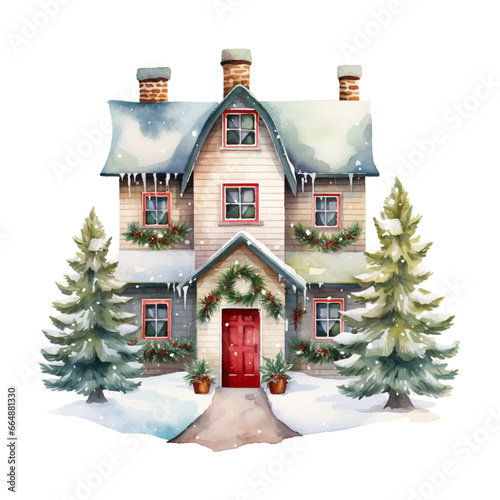 Vector watercolor winter cozy house illustrations. Hand drawn modern home with snowy fir trees isolated on white background. Woodland cabin for cards, celebration design